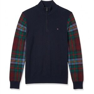 Tommy Hilfiger Sweater Mens Small Navy Plaid Sleeve Half Zip Cotton Pullover NWT